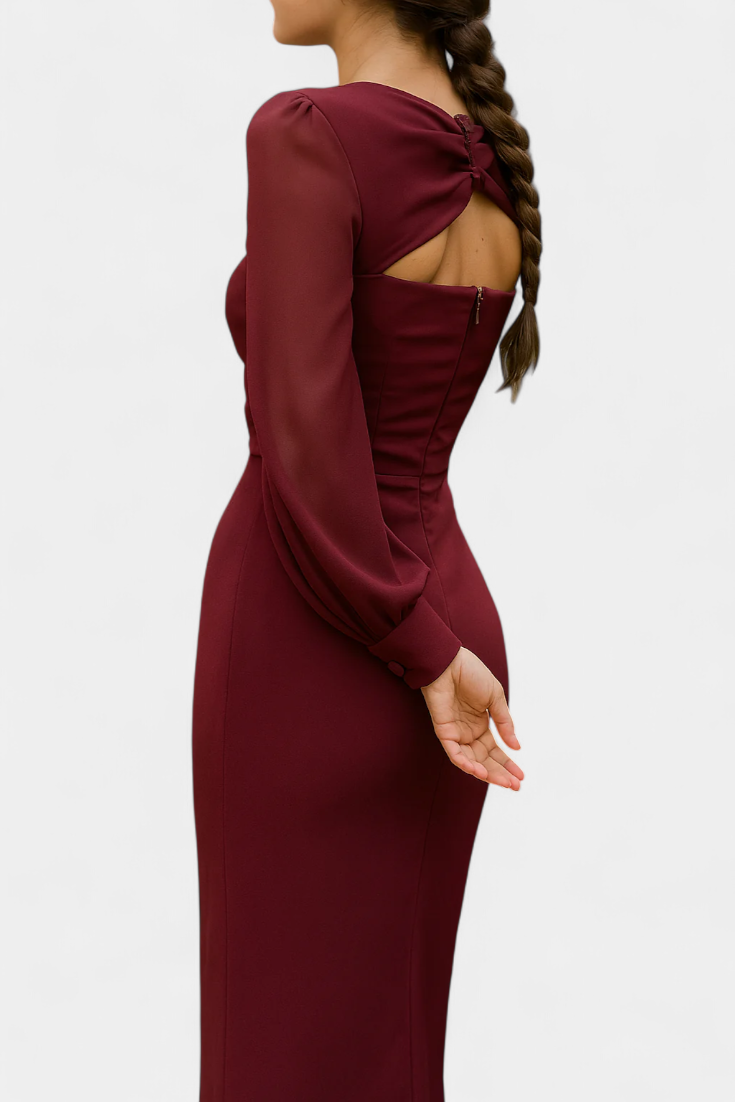 Julissa Vestido Midi Burdeos con Detalle Anudado y Espalda Abierta